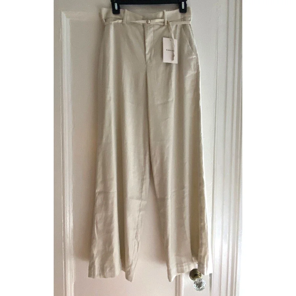EVERLANE Wide-Leg Belted Pant Stretch Linen Birch 4 LONG Heavyweight NEW CHIC